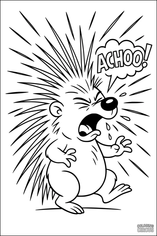 Coloring page of a cartoon porcupine sneezing with raised quills