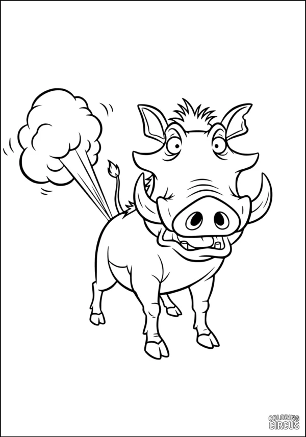 Coloring page featuring a cartoon warthog with a surprised face and a humorous puff of air