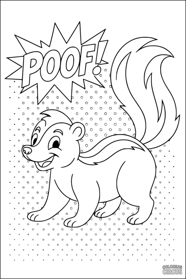 Coloring page of a cheerful cartoon skunk with fluffy tail and comic poof text