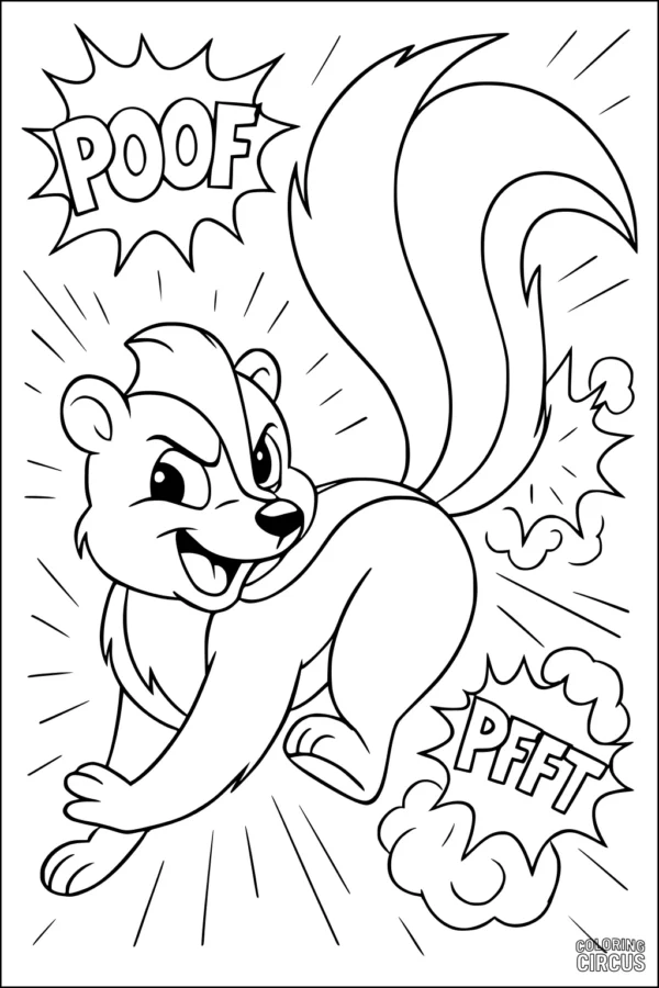 Coloring page showing a cartoon skunk with comic words poof and pfft