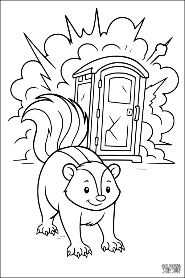 Coloring page featuring a cartoon skunk in front of a porta-potty with comic smoke effects