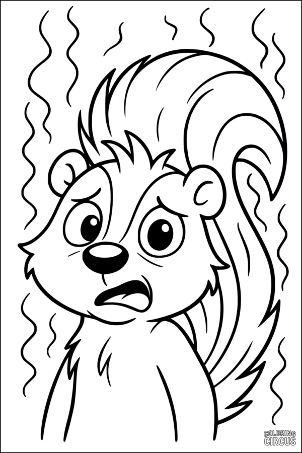 Coloring page of a surprised cartoon skunk with wavy stink lines