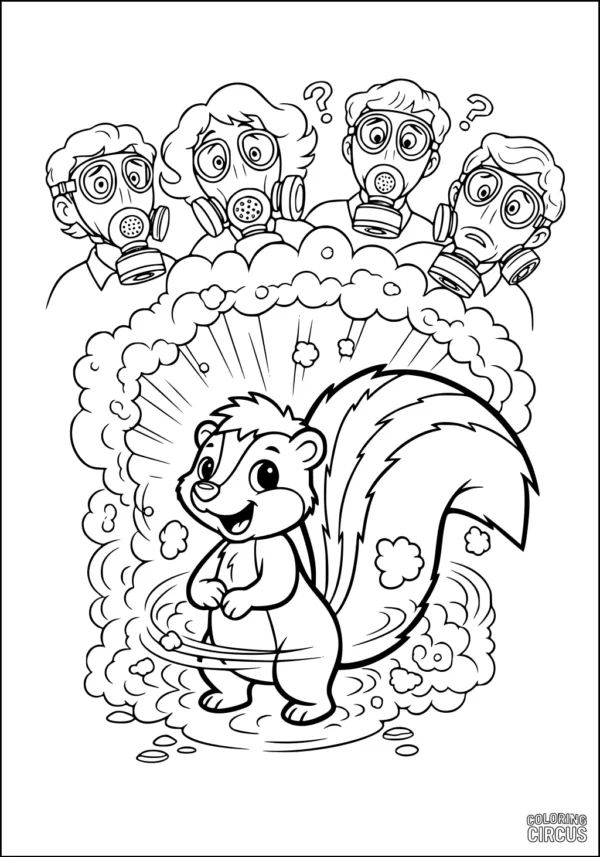 Coloring page featuring a cartoon skunk spraying a cloud, with four surprised people in gas masks in the background