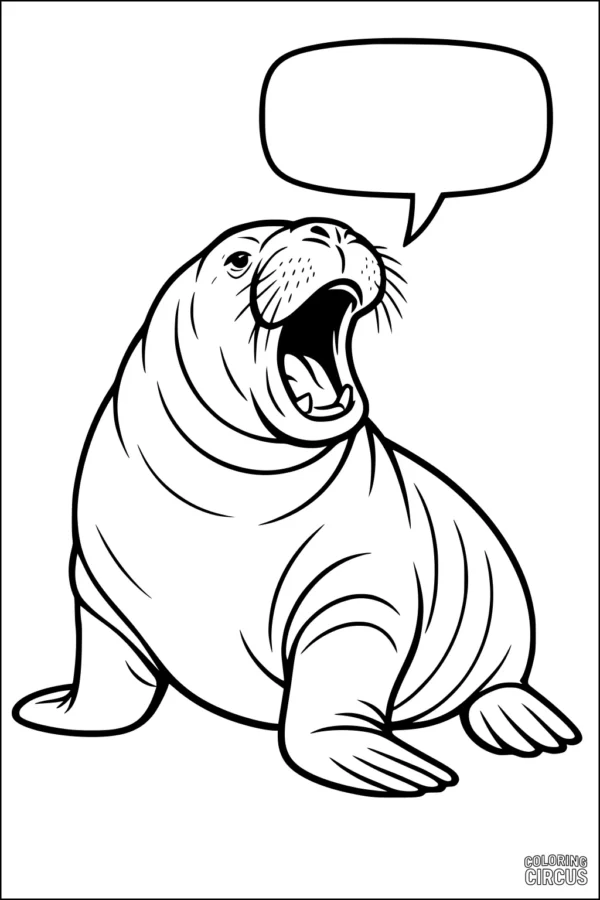 Coloring page of a cheerful walrus with open mouth and speech bubble