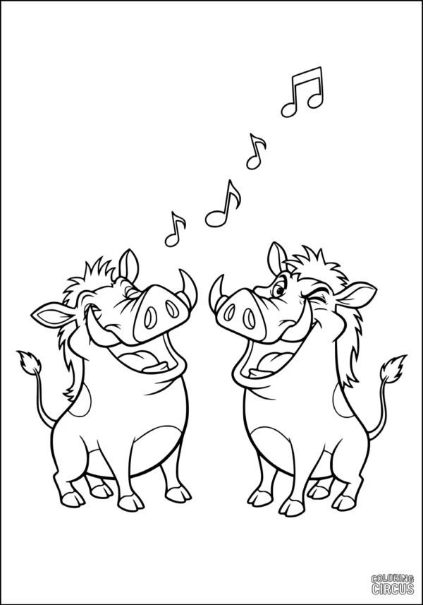 Coloring page featuring two cartoon warthogs singing with musical notes above