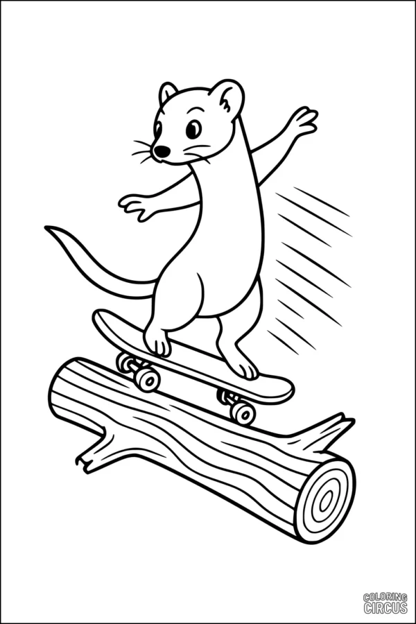 Coloring page of a cartoon weasel skateboarding over a log for kids
