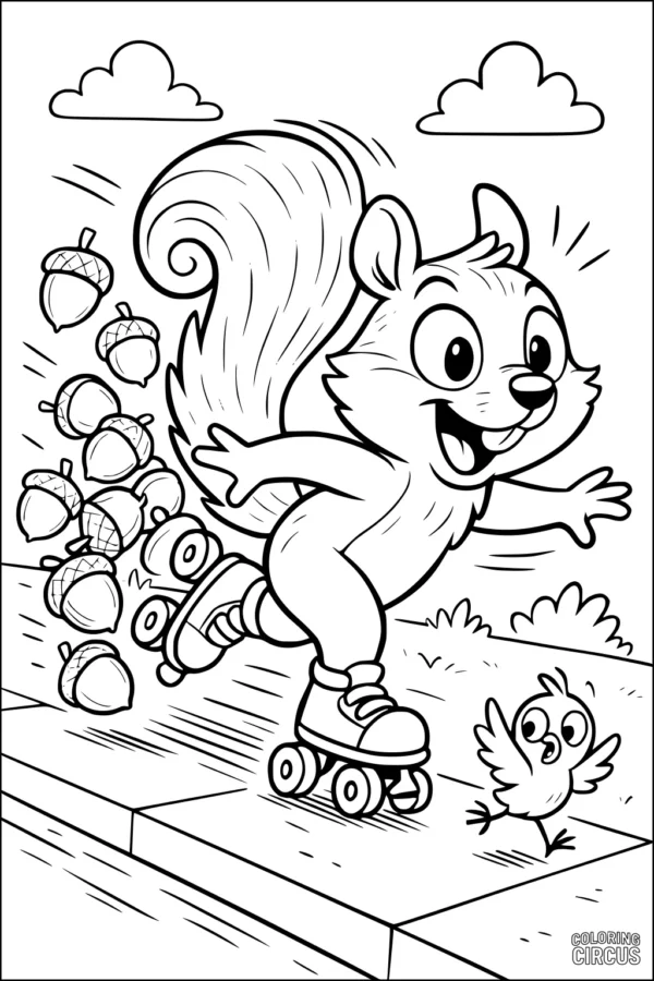 Coloring page with a cartoon squirrel on roller skates scattering acorns, surprised bird beside sidewalk