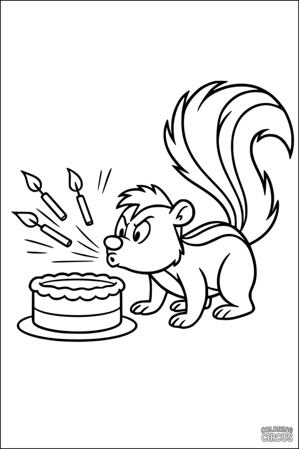 Coloring page of a cartoon skunk blowing out candles on a birthday cake