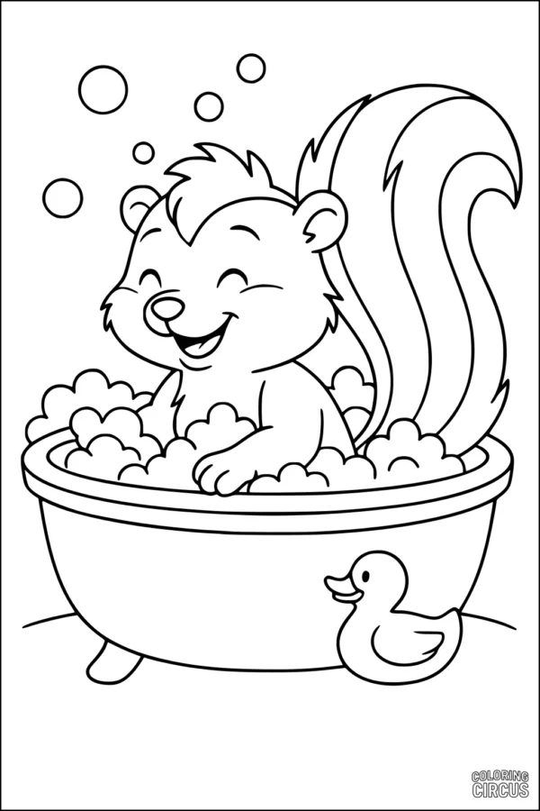 Coloring page of a cartoon skunk happily playing in a bathtub filled with bubbles and a rubber duck