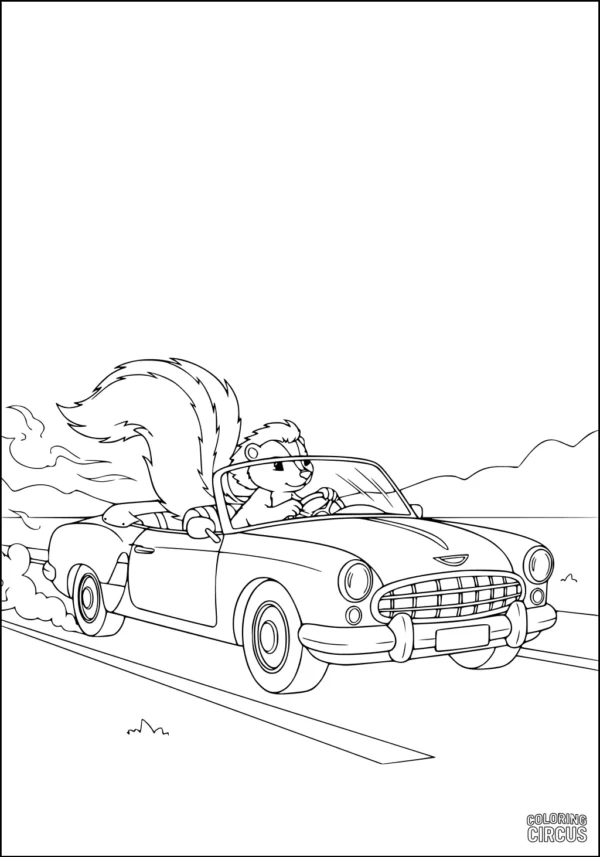 Coloring page showing a happy cartoon skunk driving a convertible car on a scenic road
