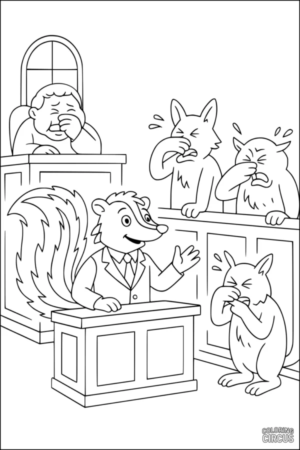 Coloring page showing a skunk in a suit speaking in an animal courtroom while other animals and the judge hold their noses