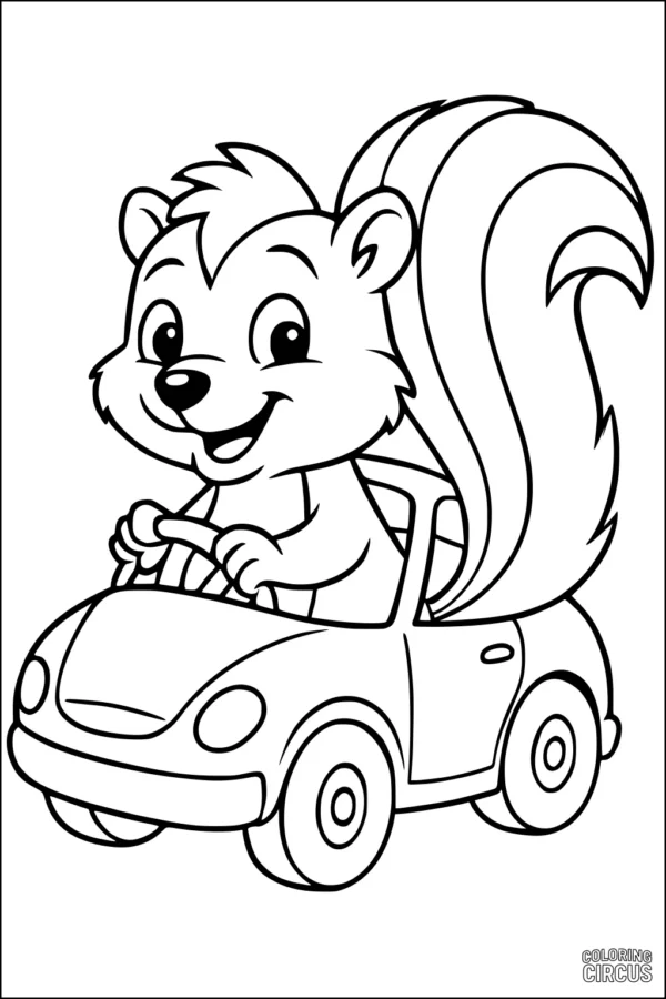 Coloring page featuring a cute cartoon skunk driving a small car