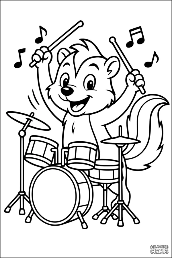 Coloring page of a cute skunk playing a drum set with musical notes