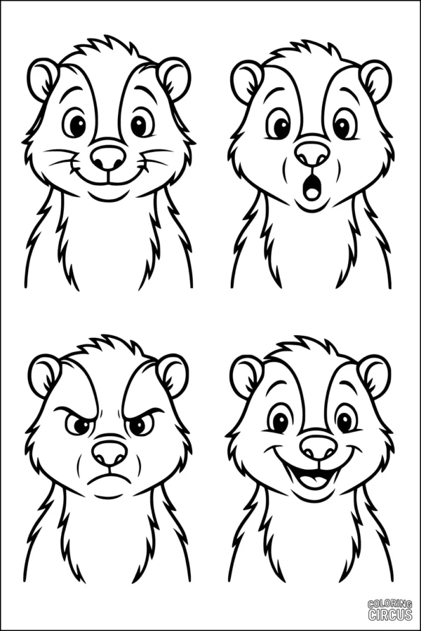 Coloring page with four cartoon skunk faces, each showing a different emotion