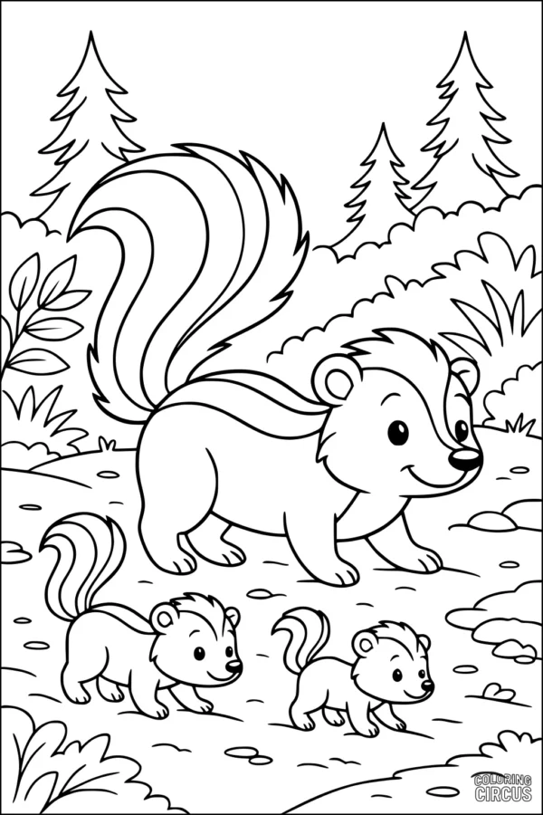Coloring page featuring a friendly skunk and two baby skunks in a forest with trees and bushes