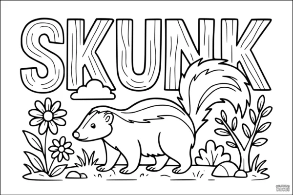 Coloring page skunk cartoon in a field with flowers and bold SKUNK letters