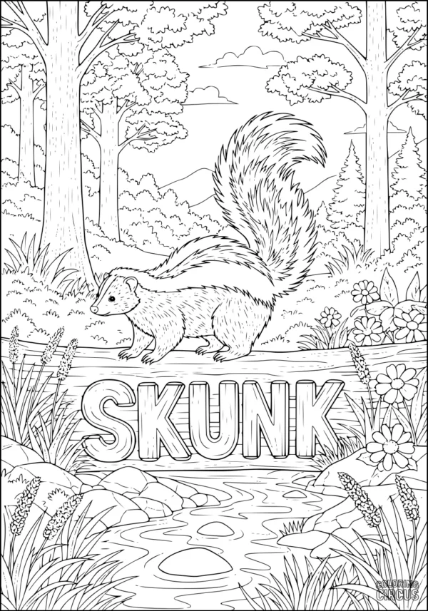 Coloring page of a skunk crossing a woodland creek on a log with trees, wildflowers, and flowing water