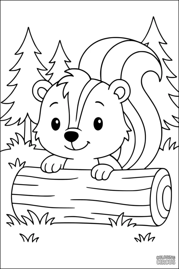 Coloring page showing a cute skunk peeking over a log with pine trees in the background