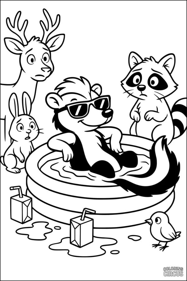 Coloring page with a skunk in a pool wearing sunglasses, surrounded by a deer, raccoon, rabbit, bird, and juice boxes