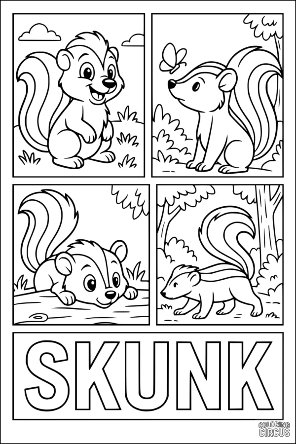 Coloring page featuring four cartoon skunk scenes with playful expressions and outdoor backgrounds