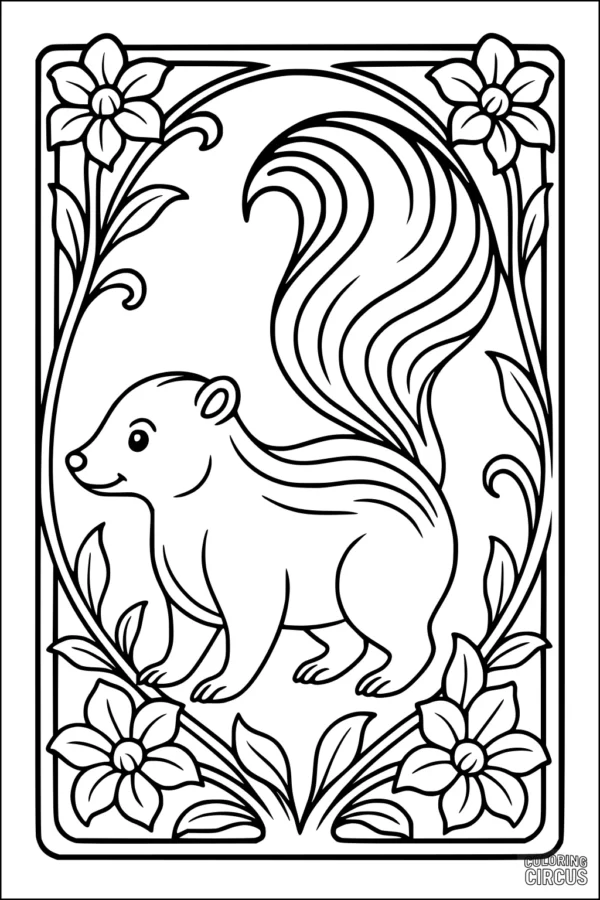 Coloring page featuring a cute skunk surrounded by large flowers and foliage in a decorative frame