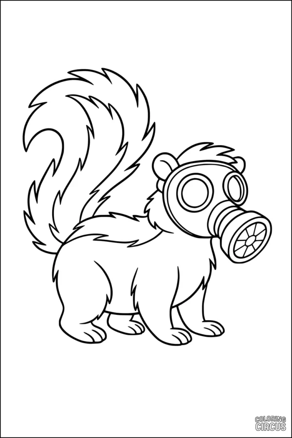 Coloring page featuring a cartoon skunk wearing a large gas mask