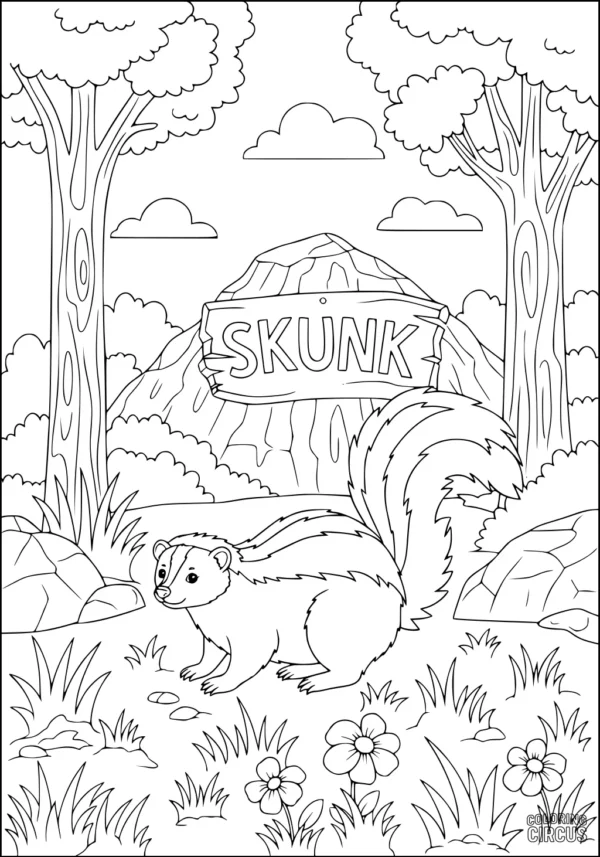Coloring page of a skunk in a forest with a sign and mountain scene