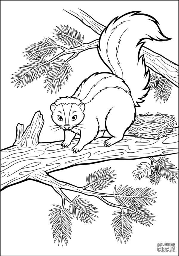 Coloring page features a cute skunk standing on a tree branch surrounded by leafy twigs and a nest