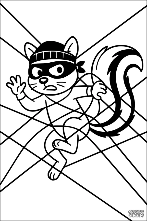 Coloring page of a cartoon skunk sneaking through a maze of laser beams wearing a mask and headband
