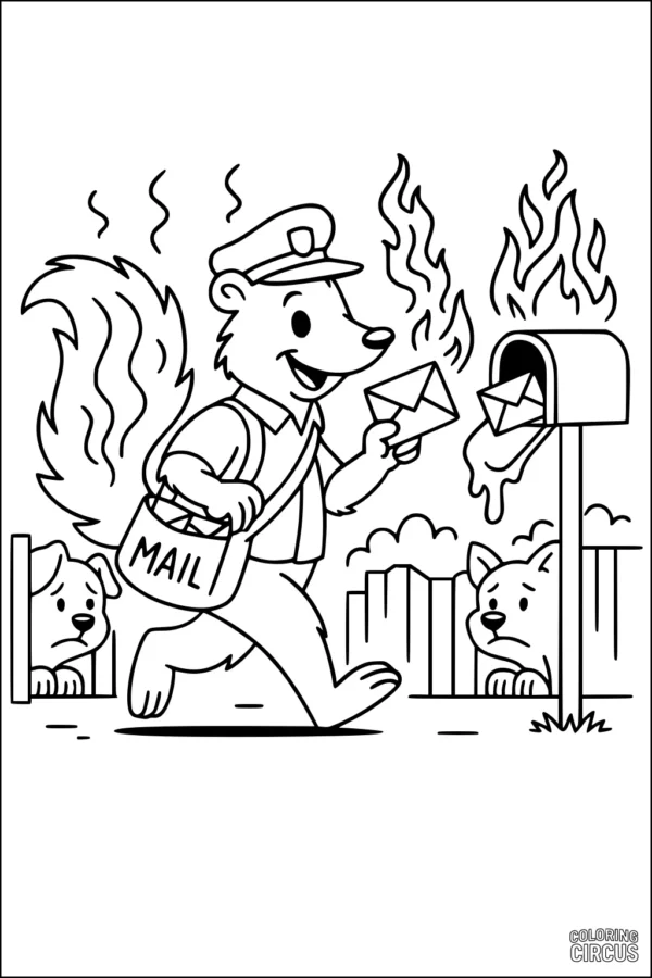 Coloring page with cartoon skunk mail carrier and surprised dogs