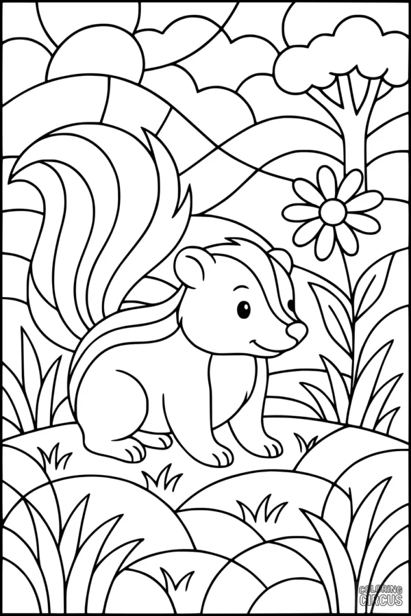 Coloring page showing a cute skunk in a sunny meadow with flowers and a tree in the background