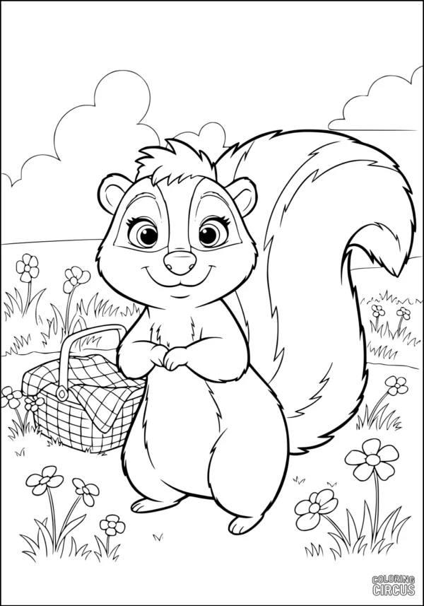 Coloring page of a cute cartoon skunk with a picnic basket in a meadow with flowers