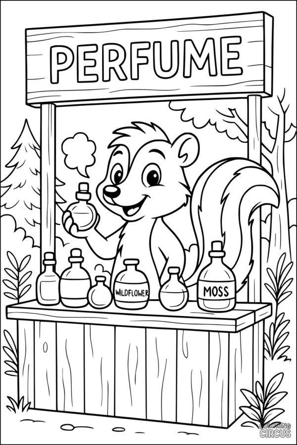 Coloring page featuring a cartoon skunk selling perfume bottles at a wooden outdoor stand in a forest