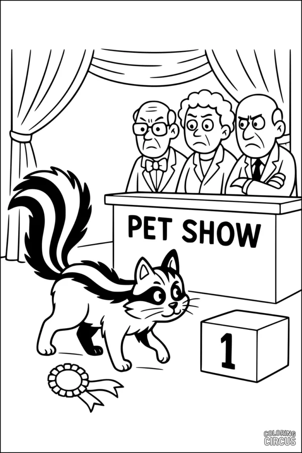 Coloring page of a happy skunk winning first prize at a pet show with surprised judges