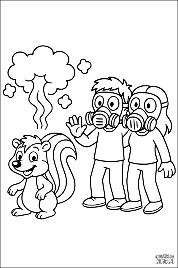 Coloring page featuring a happy skunk with a striped tail spraying scent, while two children with gas masks stand nearby in a playful scene.