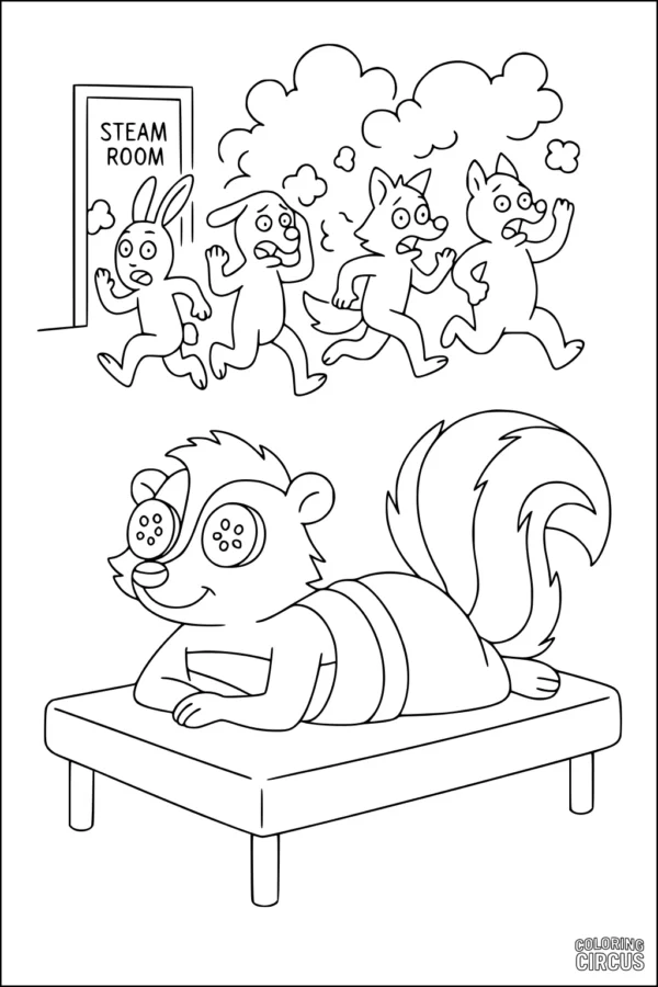 Coloring page featuring a skunk relaxing at a spa while other animals run from a steam room