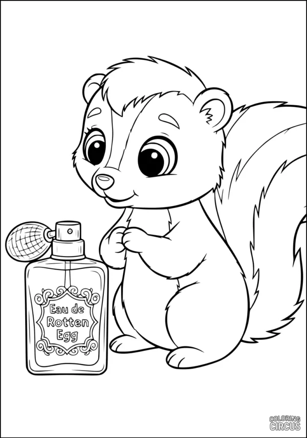 Coloring page of a cute cartoon skunk with a large perfume bottle labeled Eau de Rotten Egg