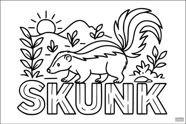 Coloring page showing a cute skunk in nature with sun and plants