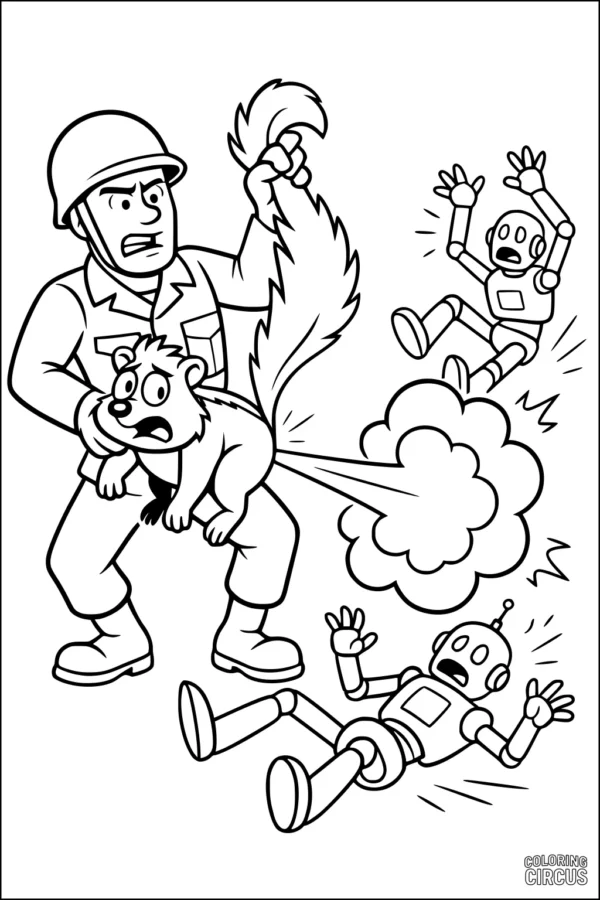 Coloring page of a surprised skunk spraying startled robots and a soldier