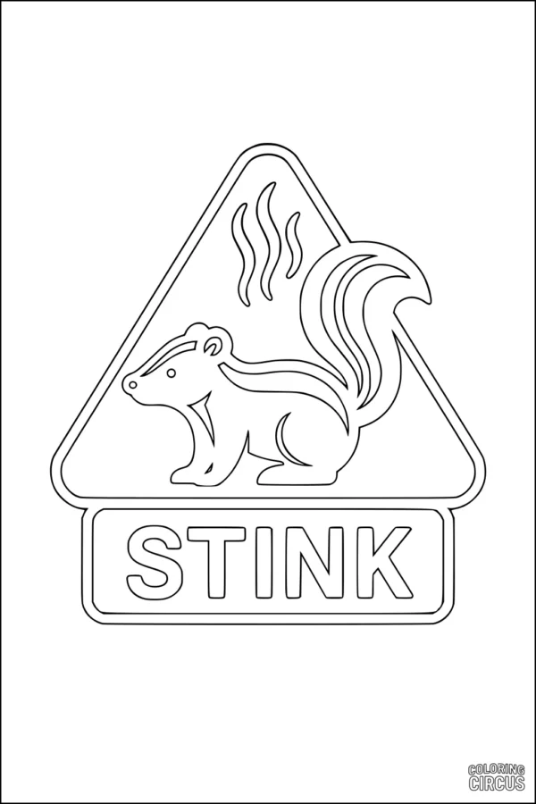 Coloring page featuring a cartoon skunk with a sign and the word 'stink'