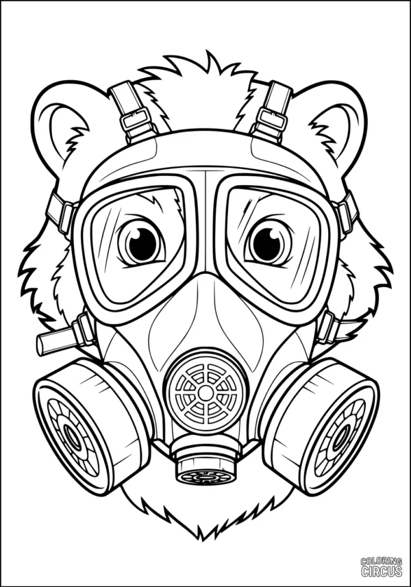 Coloring page of a cartoon skunk wearing a detailed gas mask with big eyes and fluffy fur
