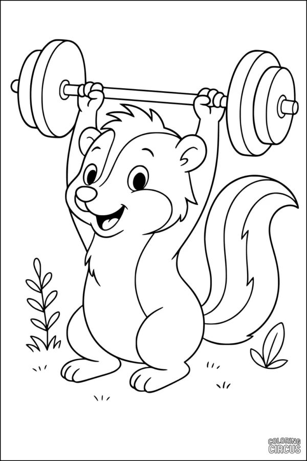 Coloring page featuring a cheerful skunk lifting a barbell outdoors with plants around