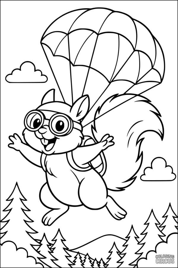 Coloring page of a cartoon squirrel skydiving with parachute over forest trees