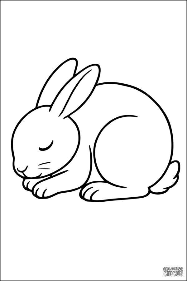 Coloring page of a sleeping rabbit with closed eyes and tucked paws