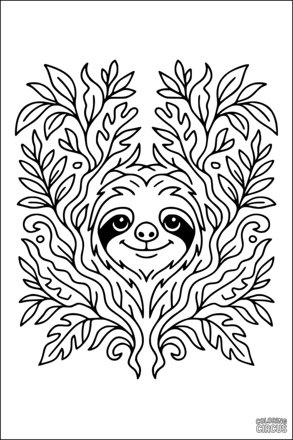 Coloring page of a cute sloth face nestled in swirling leaves and branches, intermediate detail