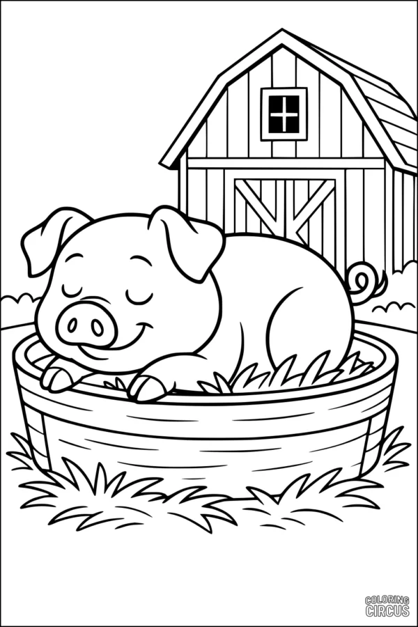 Coloring page of a cute pig resting in straw in front of a barn