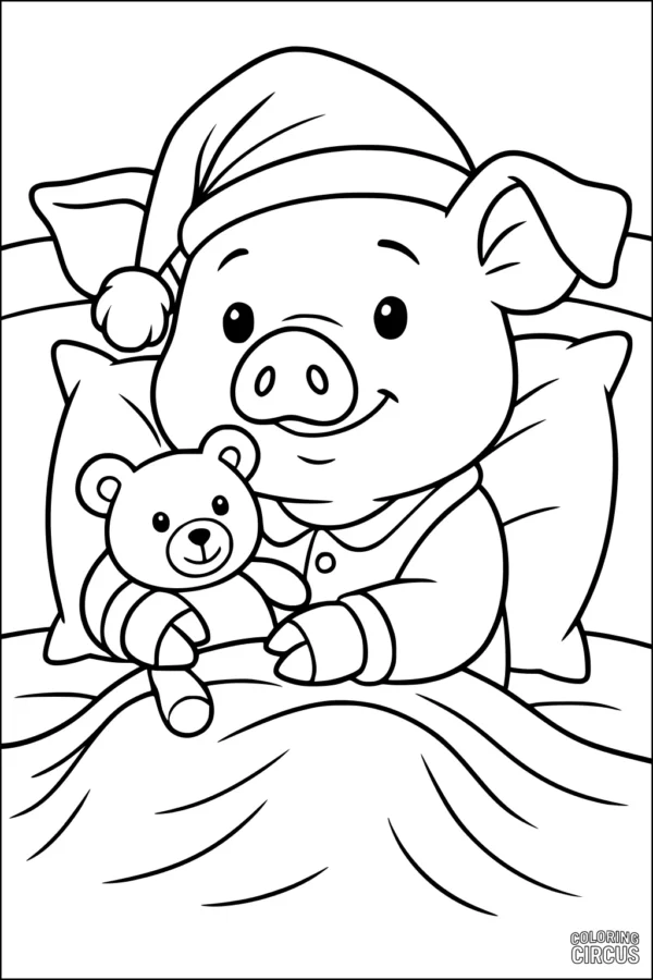 Coloring page of a piglet in bed hugging a teddy bear, wearing pajamas and a nightcap, with pillows and a blanket in a bedtime scene.
