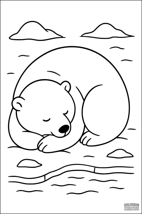 Coloring page featuring a cute cartoon polar bear sleeping on snowy ice with arctic water and icebergs in the background