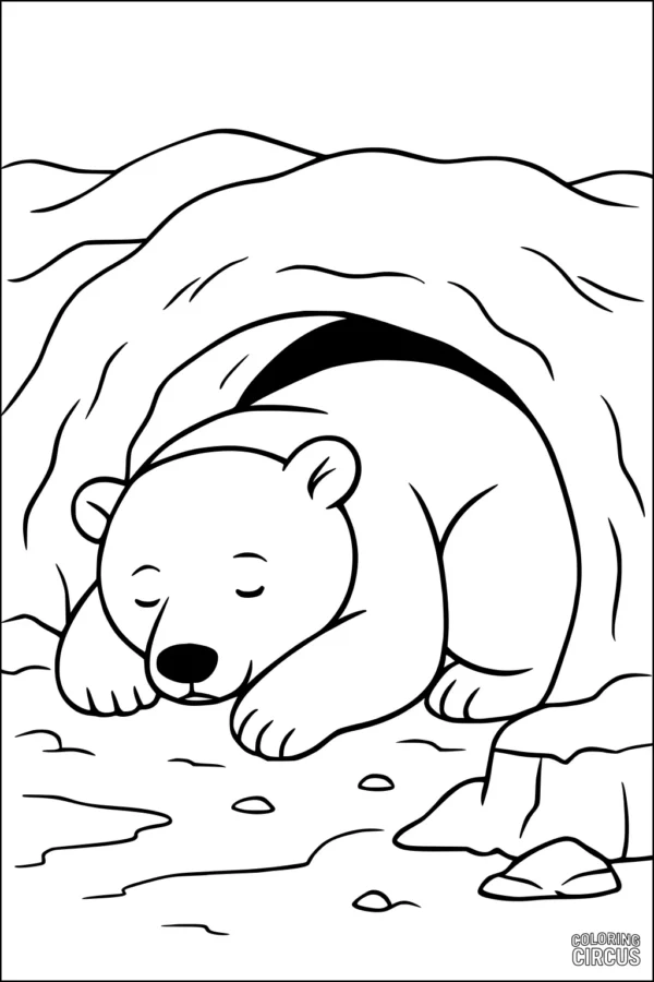 Coloring page featuring a cute polar bear sleeping inside a snowy cave