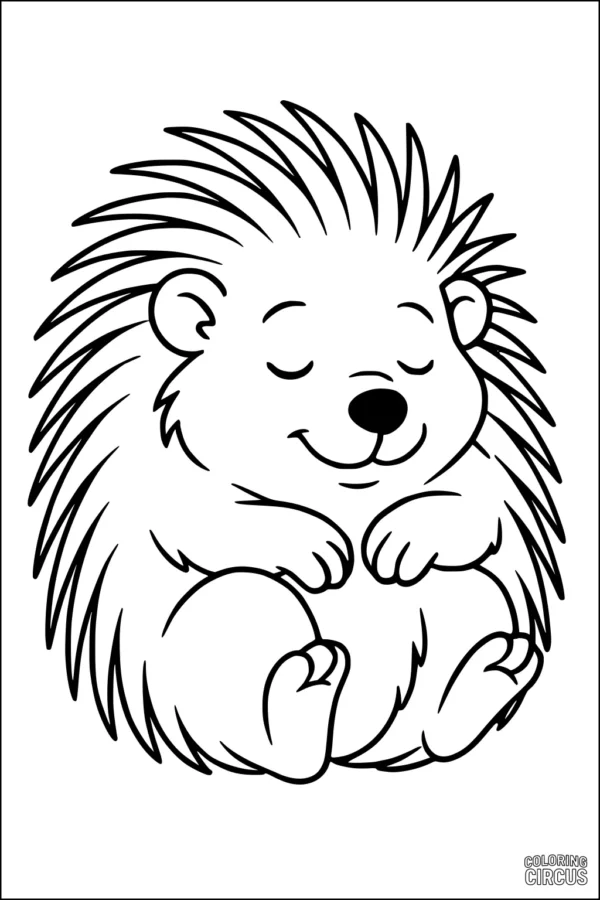 Coloring page of a cute porcupine sleeping contentedly with closed eyes and cuddly paws